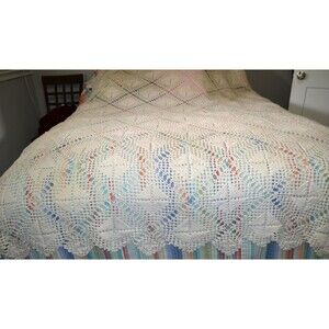 Vintage Crochet Bed Cover Twin Filet Border Cottagecore Shabby Chic Timeless